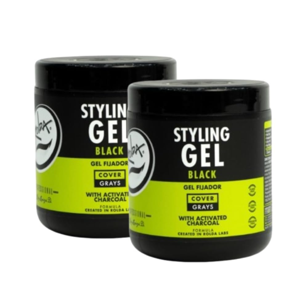 Rolda Gel Coiffage Noir, maintien robuste pour cheveux foncés et look net.
