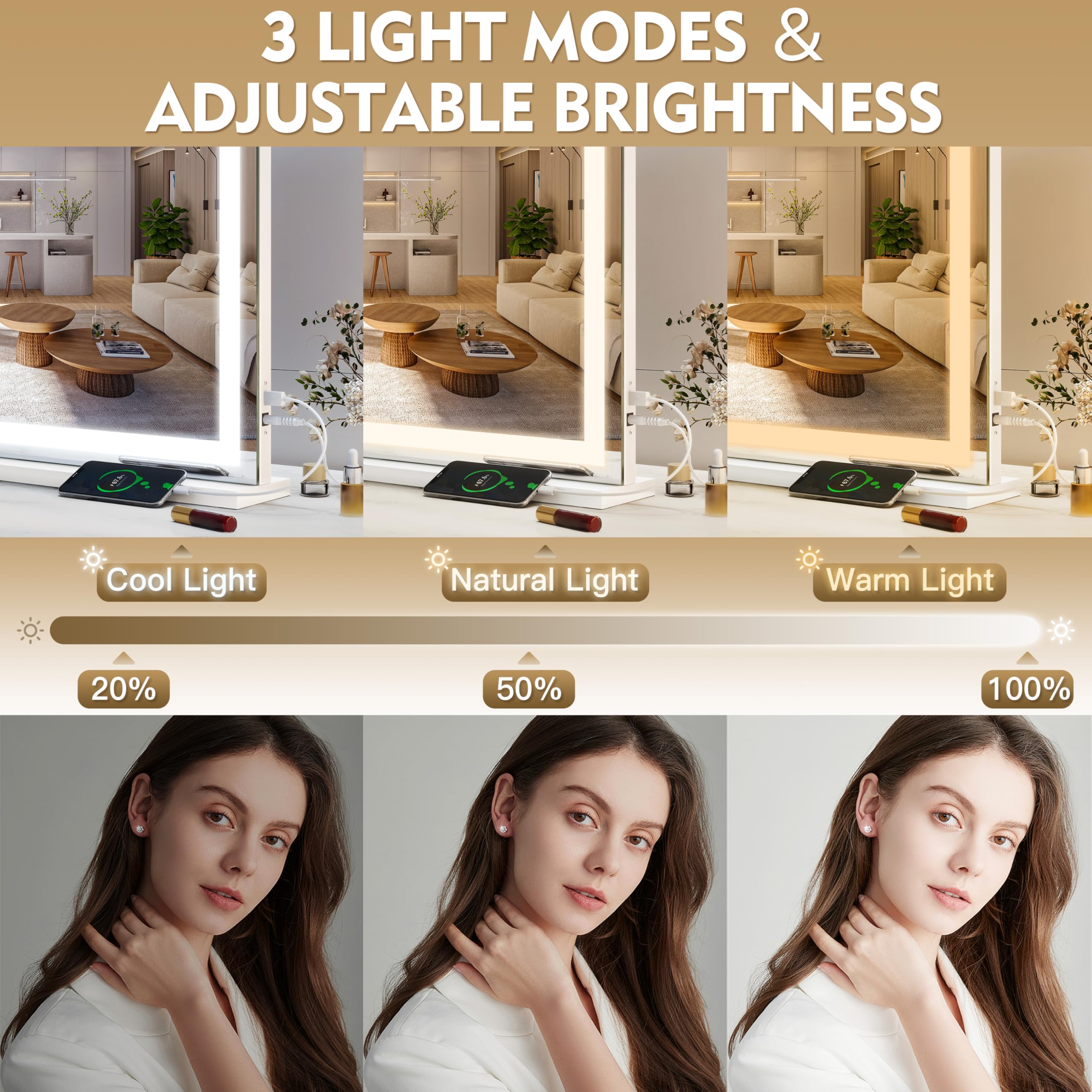 ROLOVE miroir avec port de recharge USB intégré pour charger votre téléphone pendant l’utilisation.