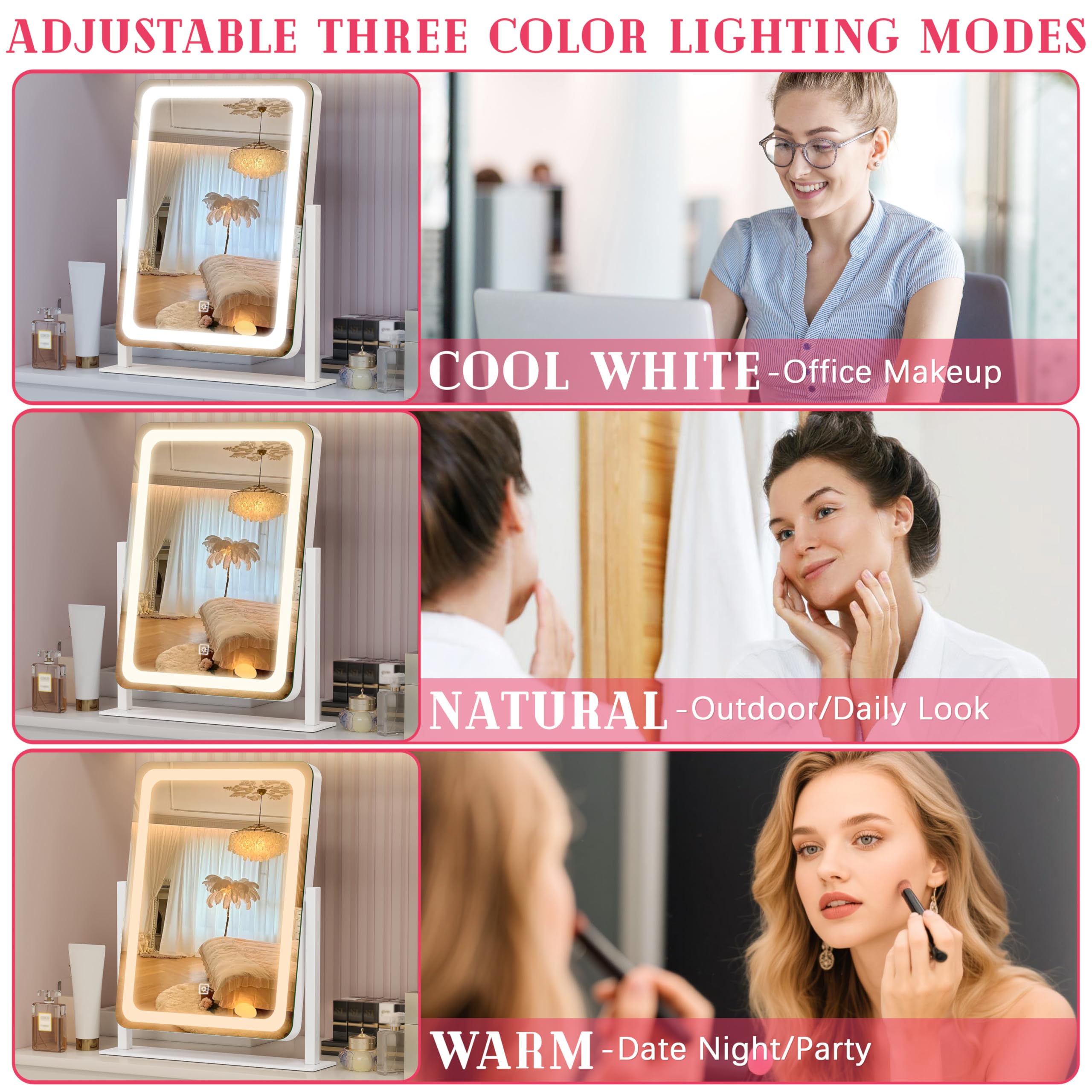 ROLOVE Miroir Vanity montrant réglage couleur LED pour looks chauds, froids ou naturels