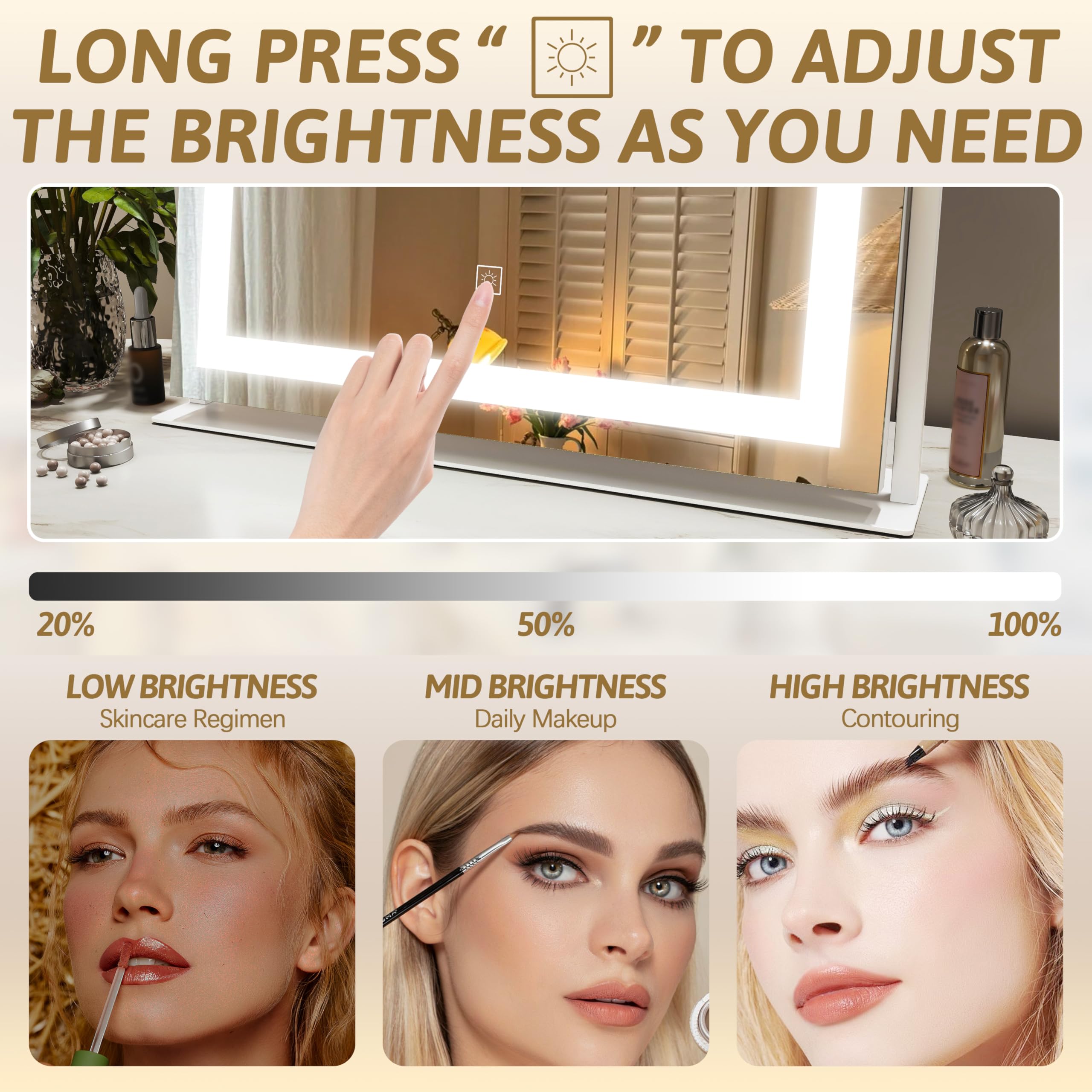 ROLOVE Miroir vanité réglage lumière triple couleur pour adapter l'éclairage.