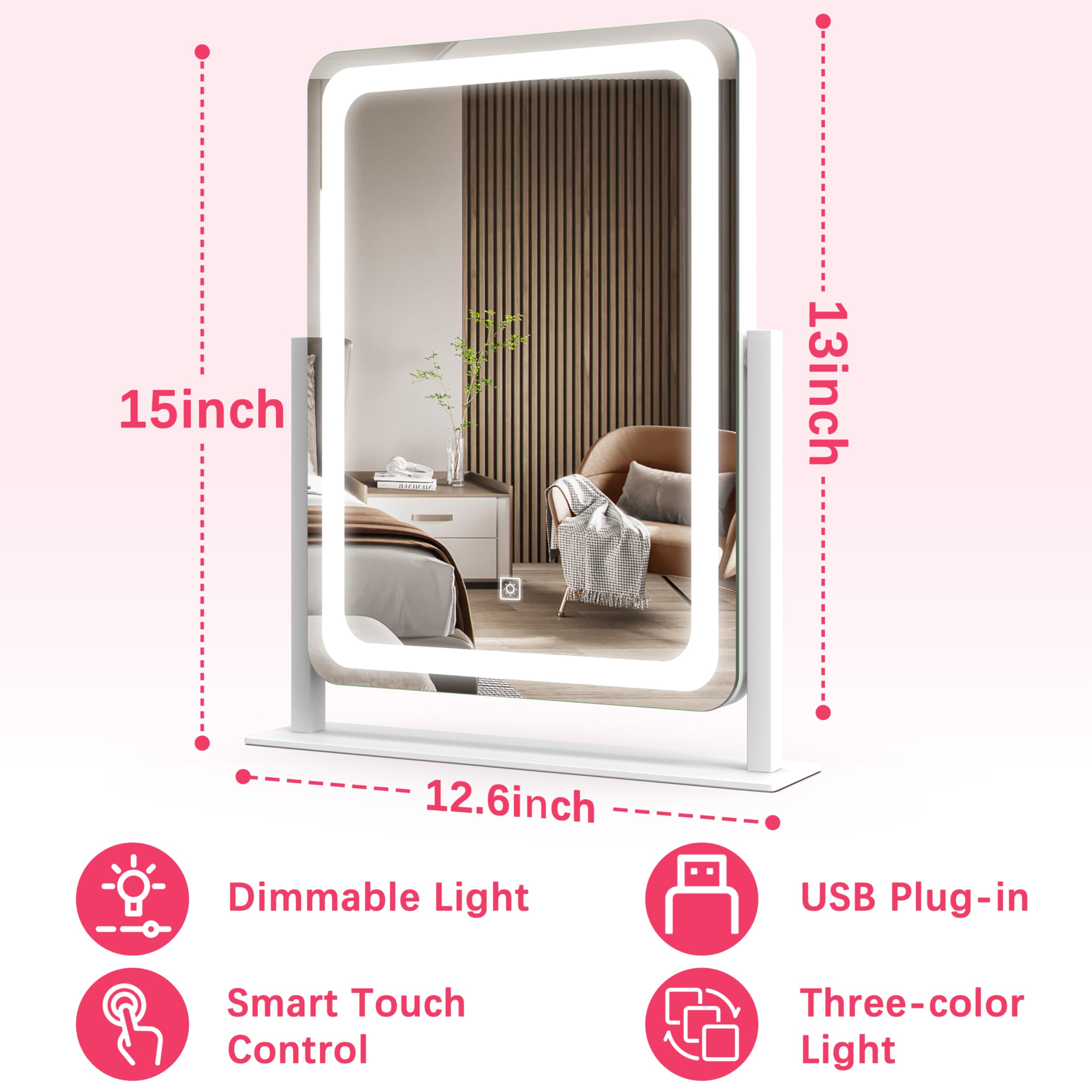 ROLOVE Miroir Vanity en vue complète sur bureau, idéal pour routine maquillage quotidienne