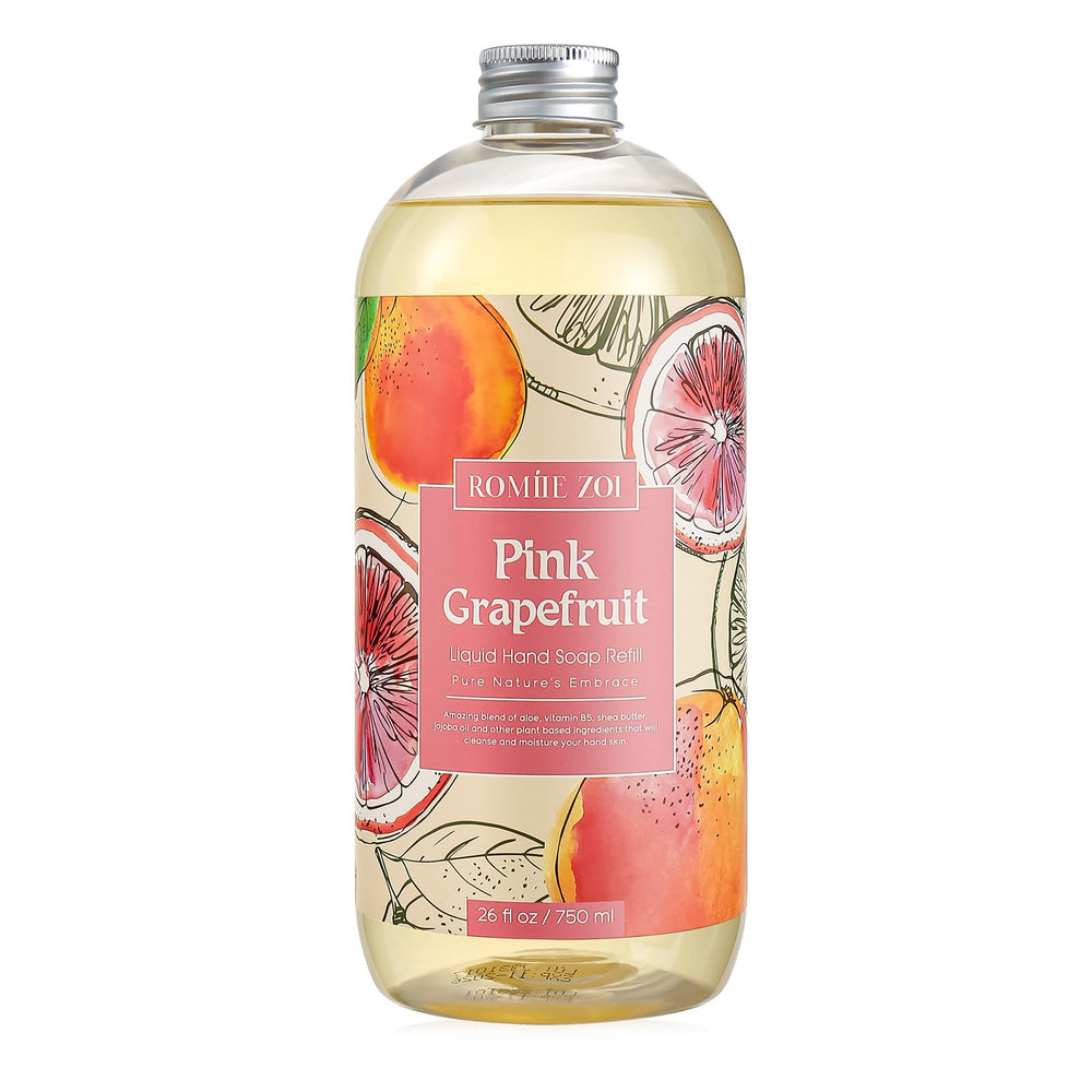 romiie zoi savon mains liquide refil rose pamplemousse, rafraîchissant et pratique.