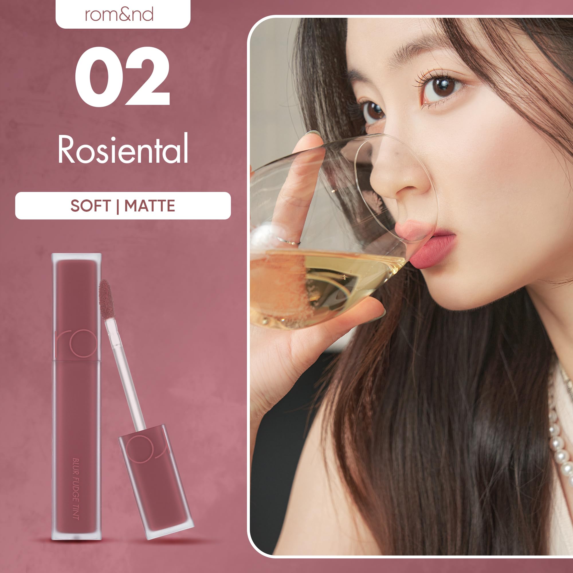 rom&nd Blur Fudge Lip Tint Rosiental — swatch lèvre donnant un aperçu précis de la couleur.