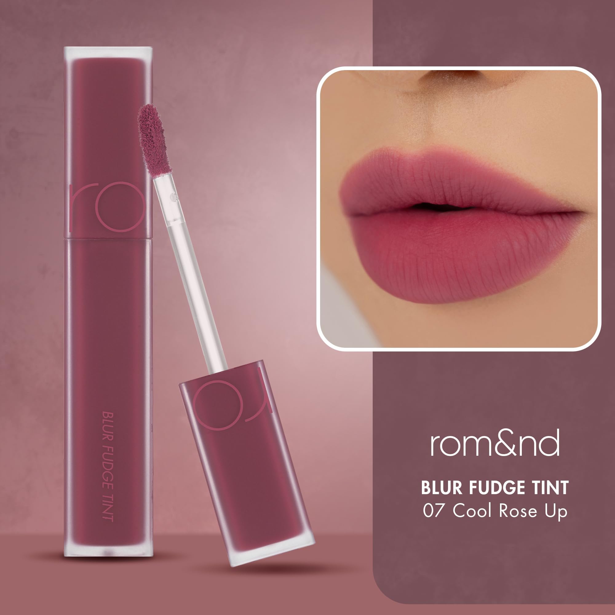 rom&nd Blur Fudge Tint 07 Cool Rose Up fini matte, allure soignée et durable.