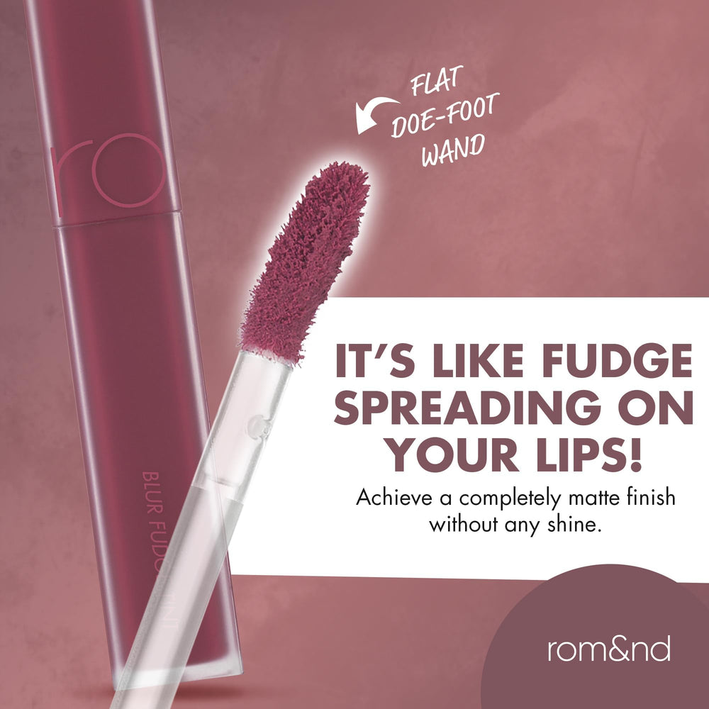 rom&nd Blur Fudge Tint 07 Cool Rose Up swatch, texture légère pour confort quotidien.
