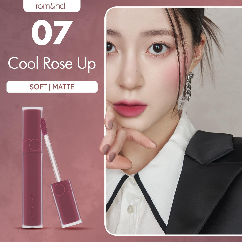 rom&nd Blur Fudge Tint 07 Cool Rose Up texture crèmeuse, diffusion homogène sans accrocher.