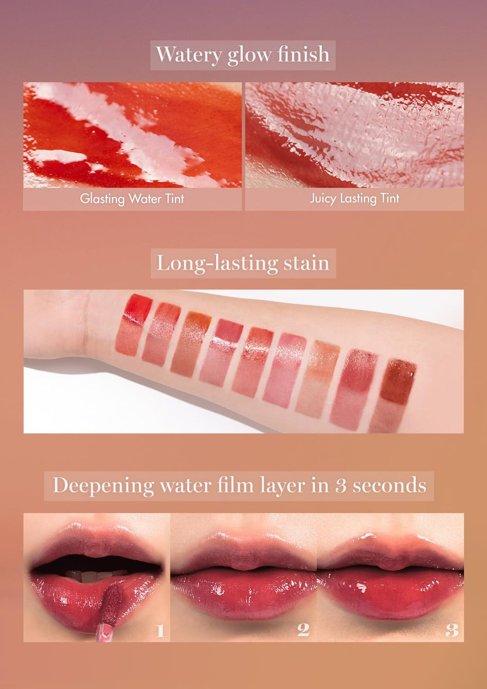 romnd glasting water tint Mauve Moon échantillon lèvre, brillance légère.