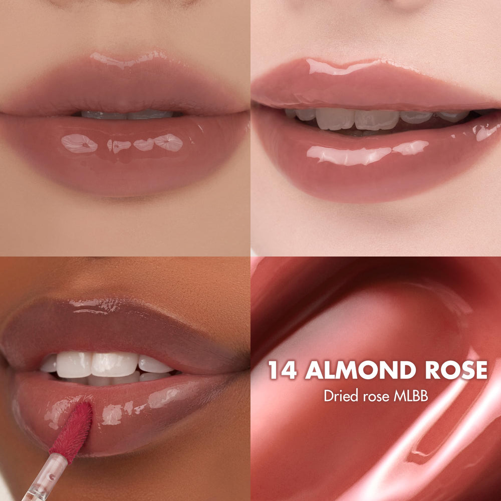 rom&nd Almond Rose sur applicateur, glisse précise pour l'application.
