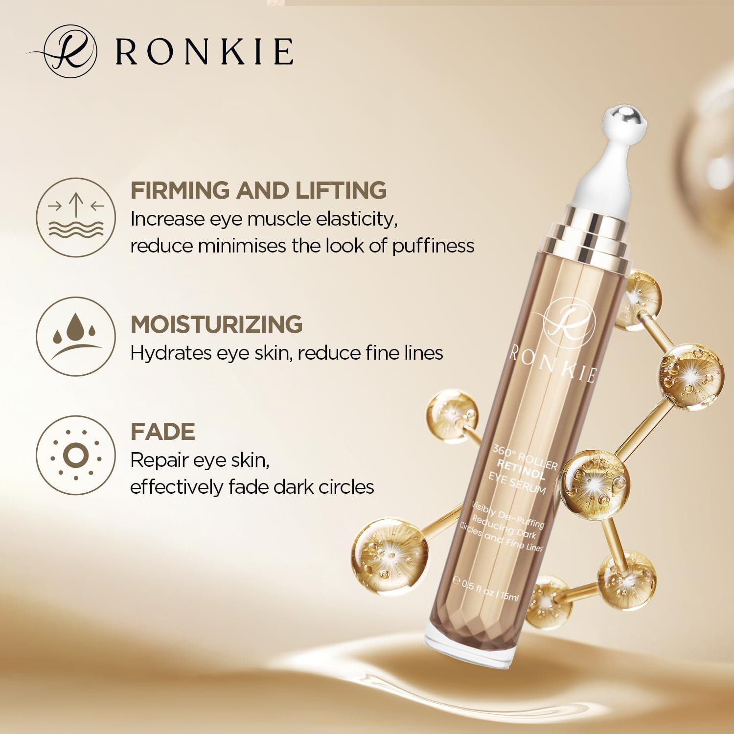 RONKIE Crème Yeux Caféine – ingrédients actifs pour hydratation et soin.
