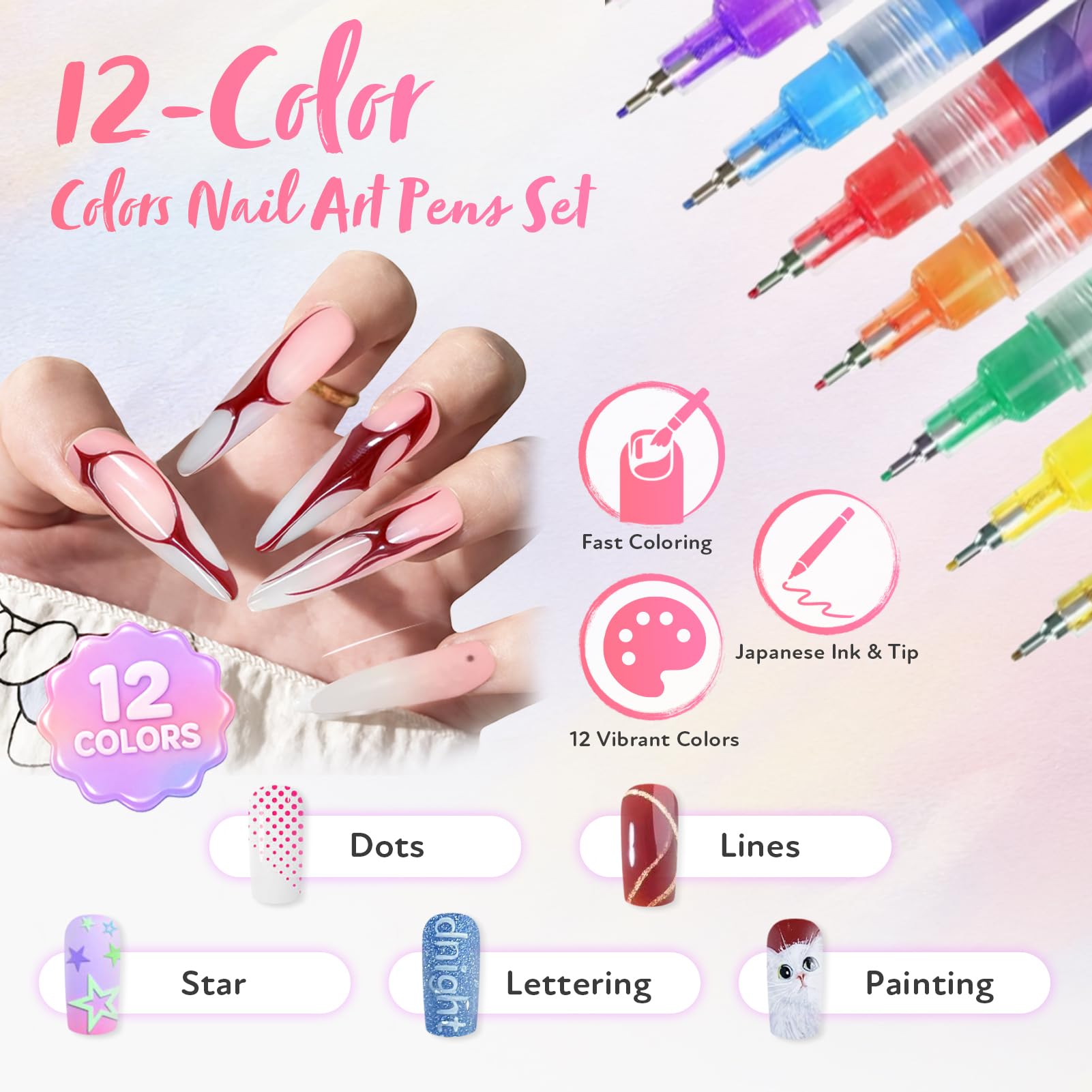 RONYUTON stylo art des ongles 12 couleurs, application rapide.