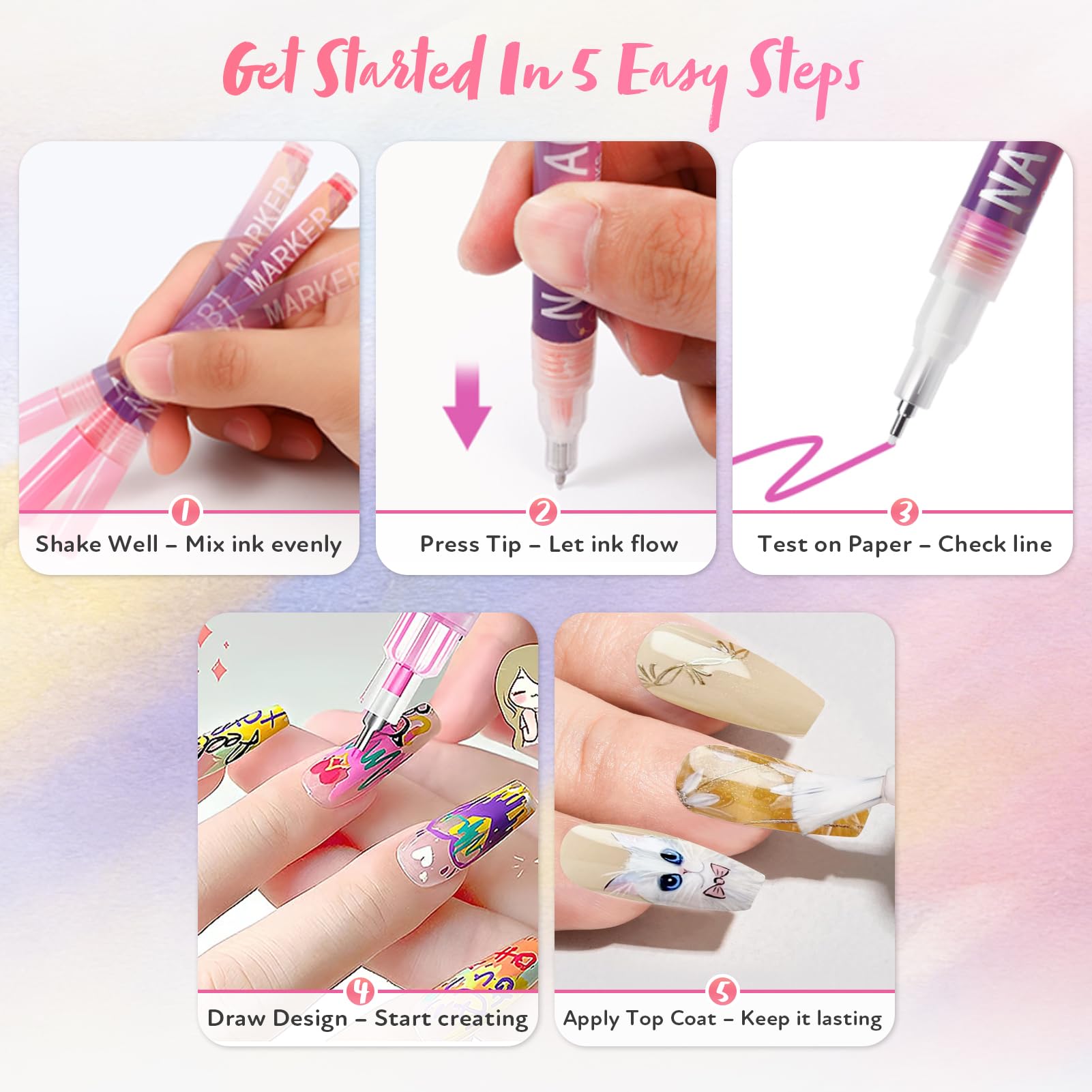 RONYUTON stylos déco ongles 12 couleurs, pointe 0,5 mm.