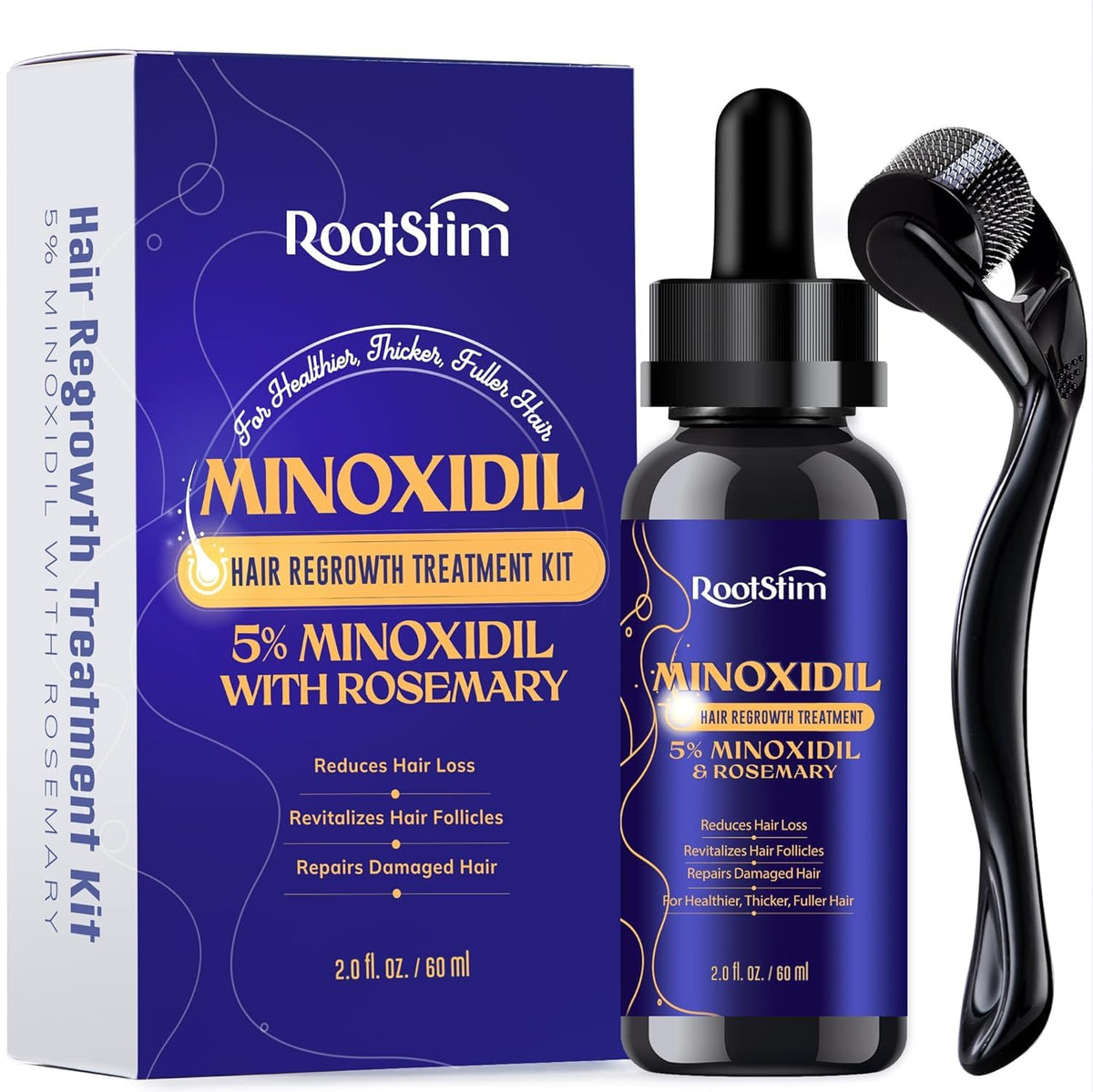RootStim 5% Minoxidil bottle for precise application on thinning areas.