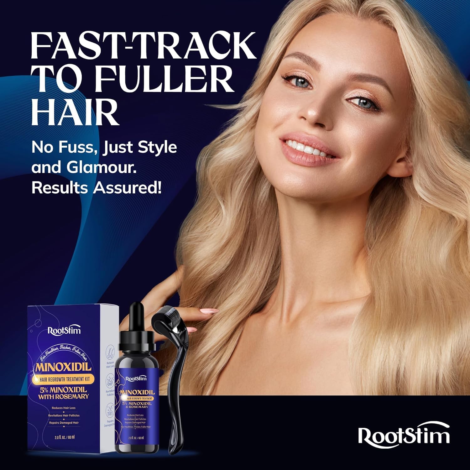 RootStim romarin et biotine nourrissent le cuir chevelu pour des cheveux plus forts.