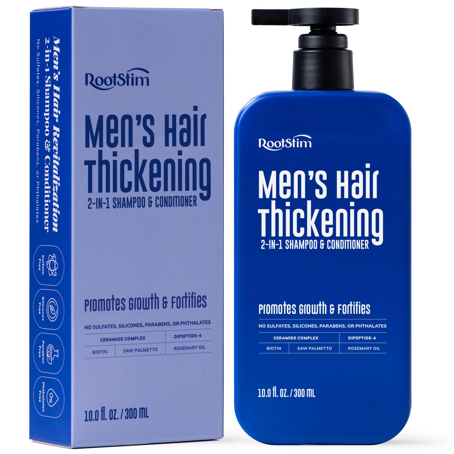 Shampoing RootStim DHT, bouteille élégante soutenant une chevelure potentiellement plus dense.