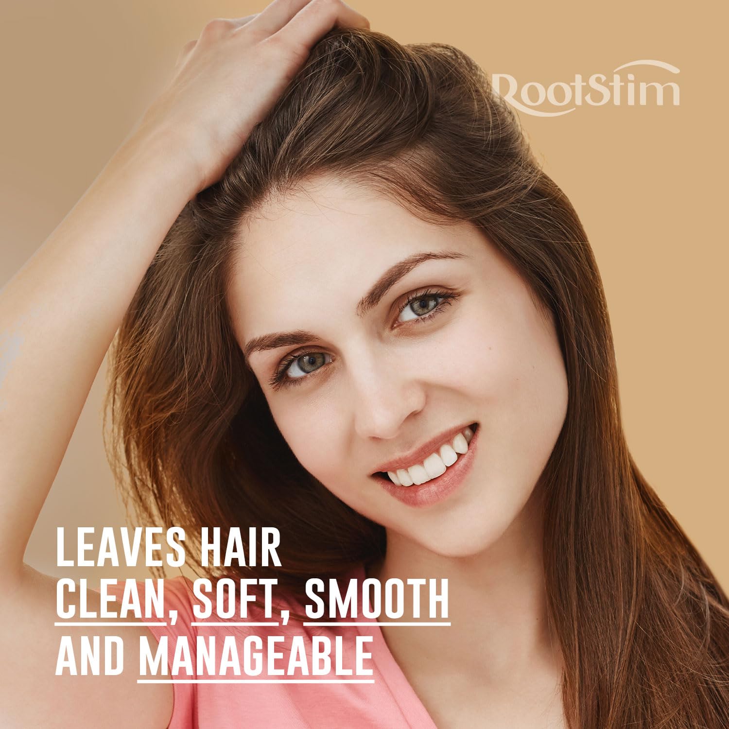RootStim brillance-cheveux: gros plan sur des cheveux lisses et brillants.