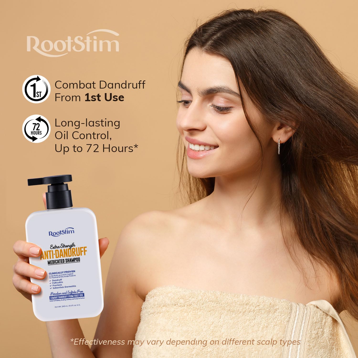 RootStim menthol-relief: démontrant une sensation de fraîcheur immédiate sur le cuir chevelu.