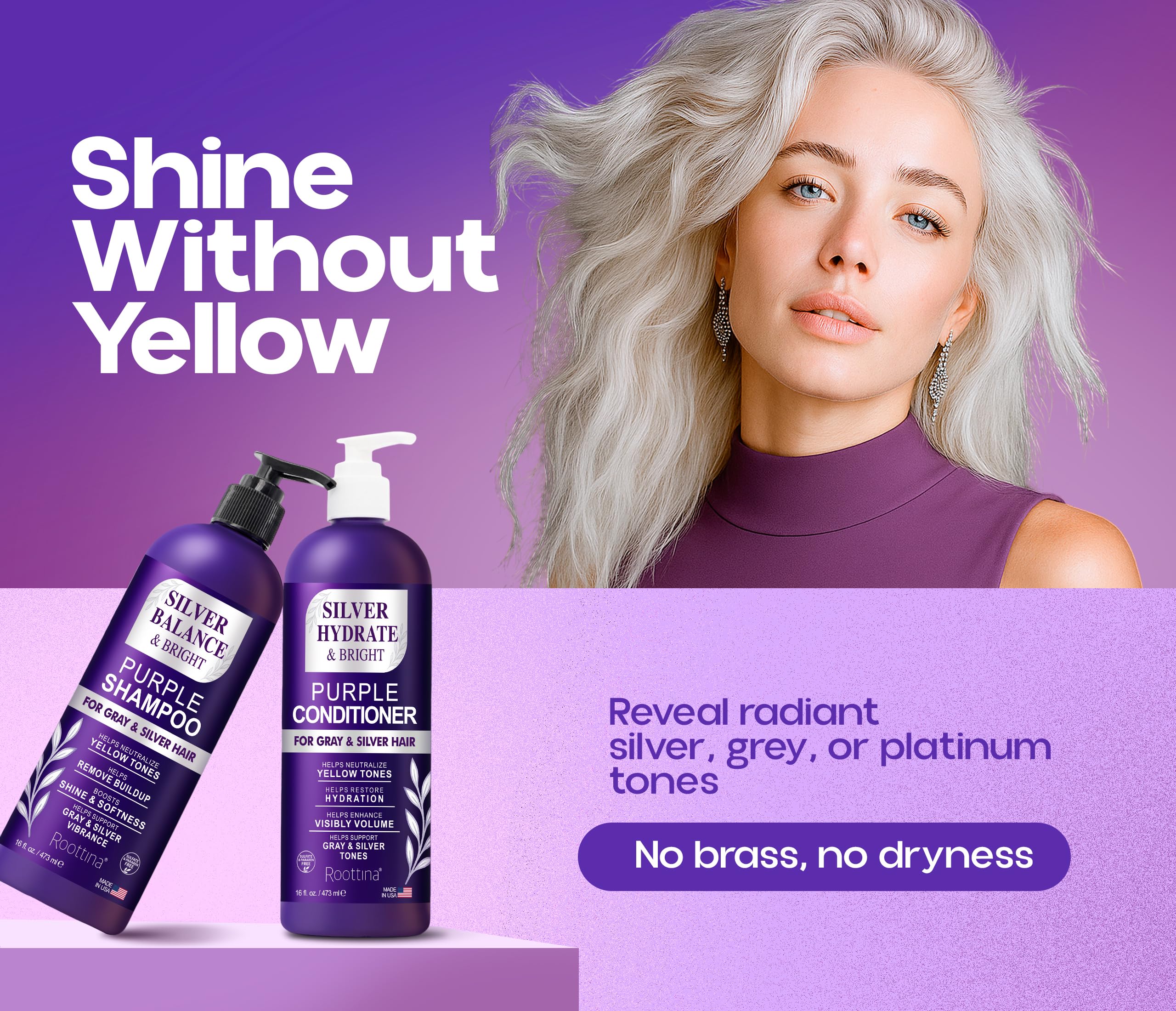 Roottina Après-shampoing violet en flacon, démêle et hydrate sans alourdir.