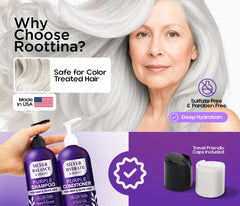 Cheveux gris après lavage Roottina, brillance froide et douceur.