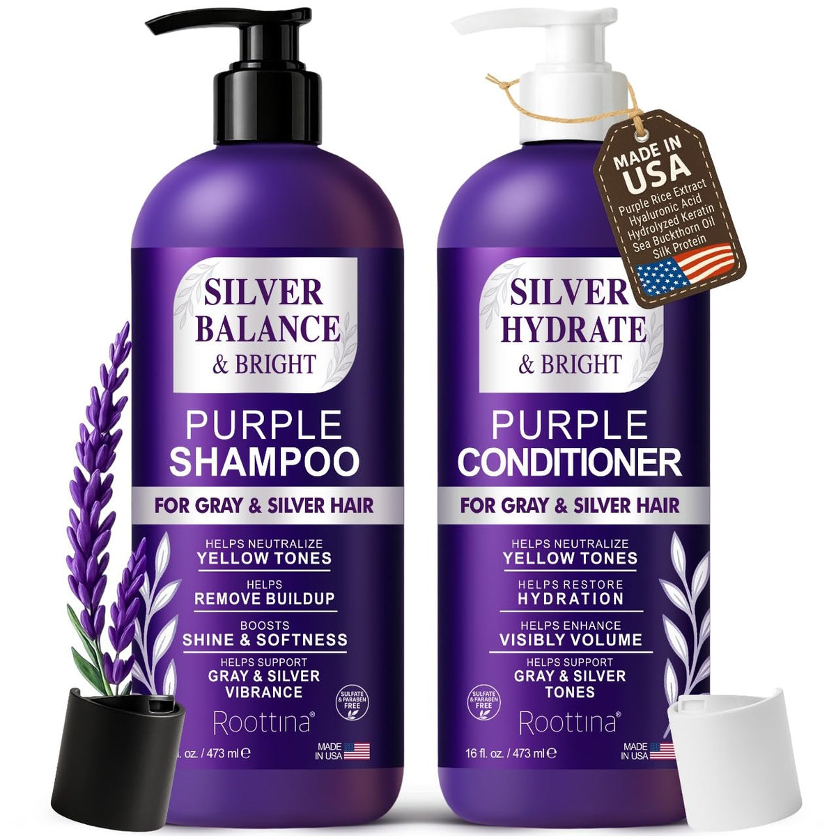 Roottina Shampoing violet en flacon, neutralise les tons jaunes et apporte brillance.