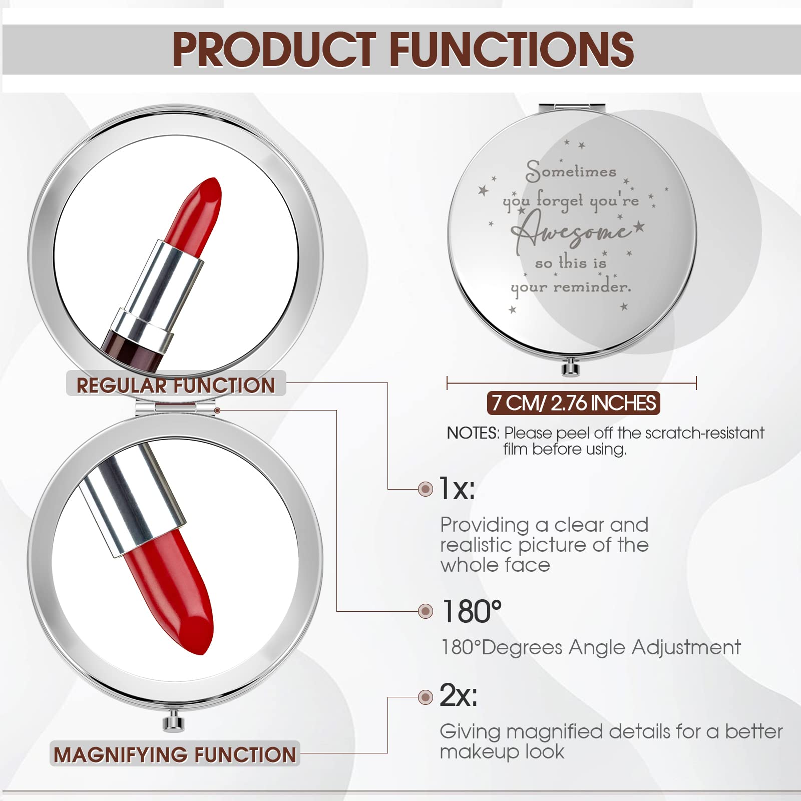 Miroir Roowest compact avec agrandissement 2x pour vérifier les détails du maquillage.