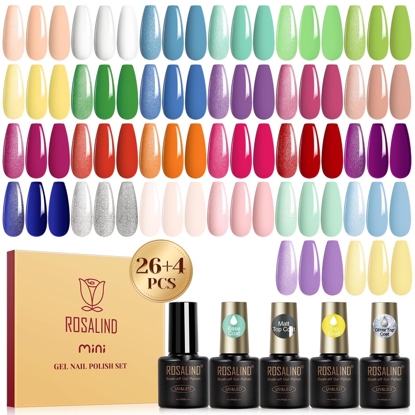 Ensemble Rosalind vernis gel 30pcs, palette colorée idéale pour des manucures estivales.
