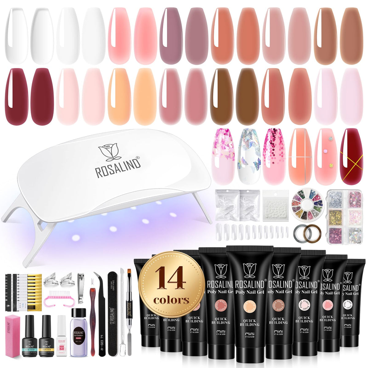 ROSALIND kit gel ongles poly avec 14 couleurs et accessoires pour débutants