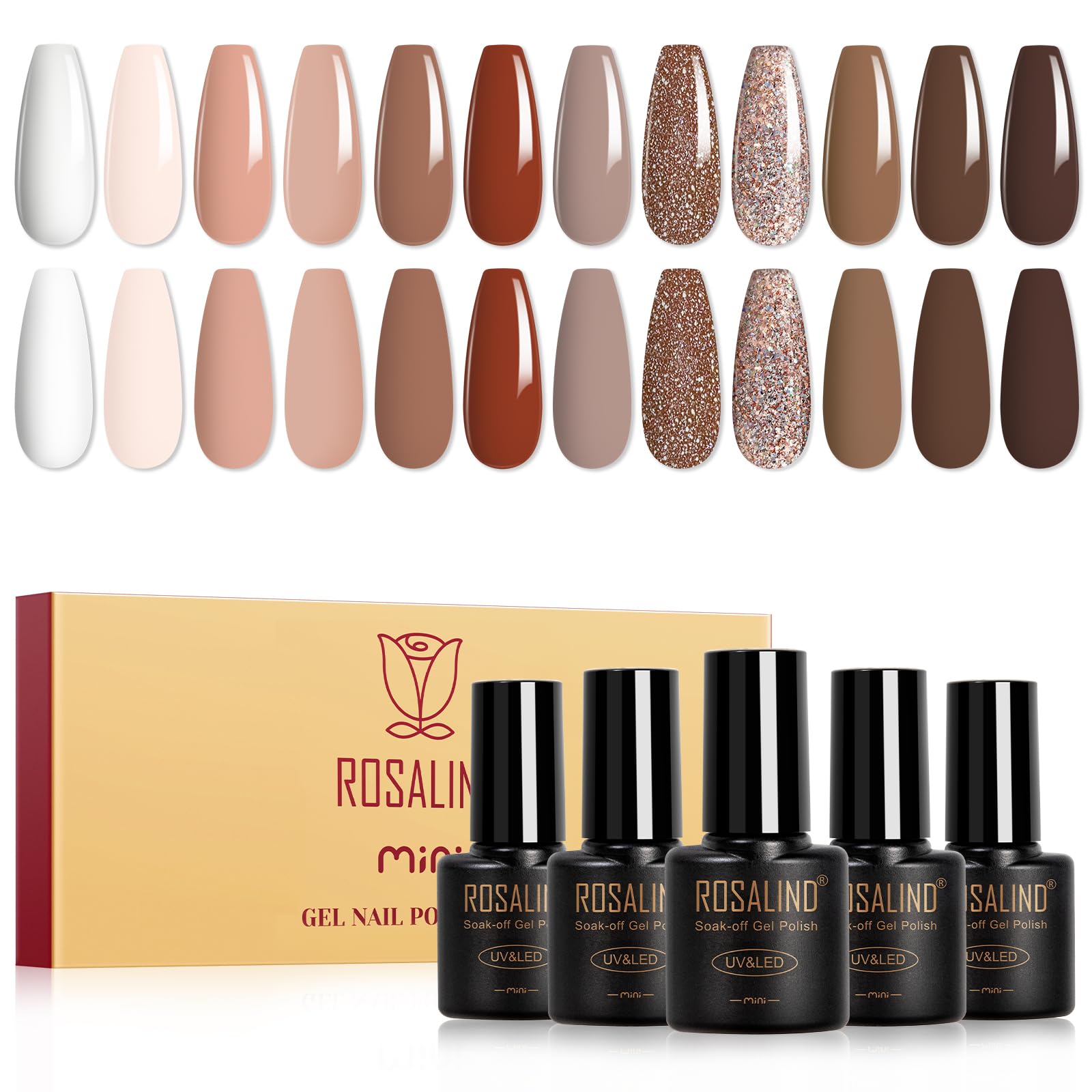 ROSALIND Vernis Gel Nude Brun, ensemble de 12 teintes pour une manucure élégante.