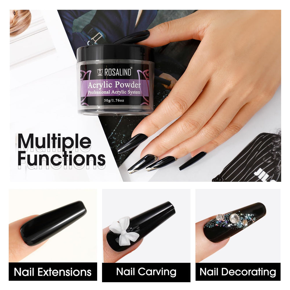 ROSALIND poudre acrylique noire: application simple en trois étapes pour extensions.
