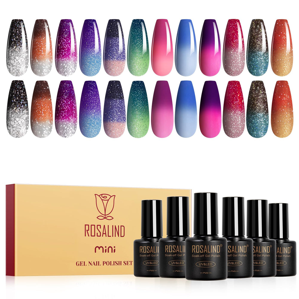 ROSALIND thermal gel nail polish set shows twelve color-changing bottles for mood shifts