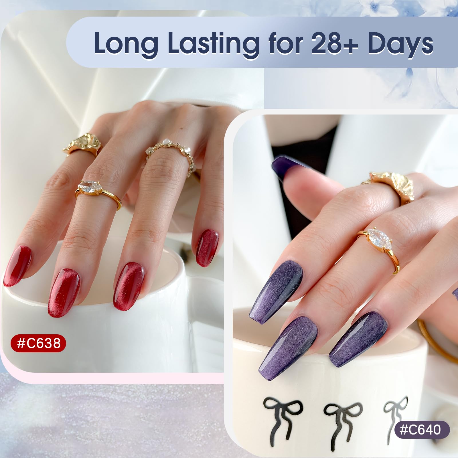 Échantillons lumineux ROSALIND sur ongles pour comparaison.