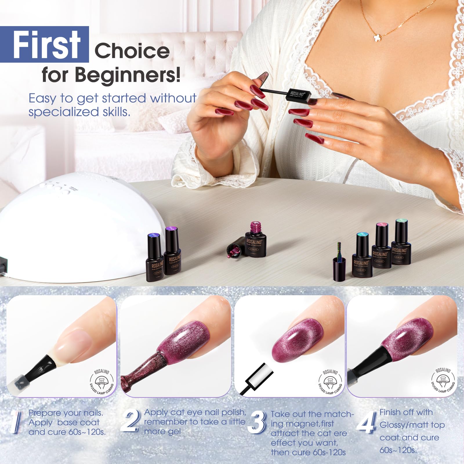 Vernis ROSALIND œil-de-chat, finition lisse et durable.