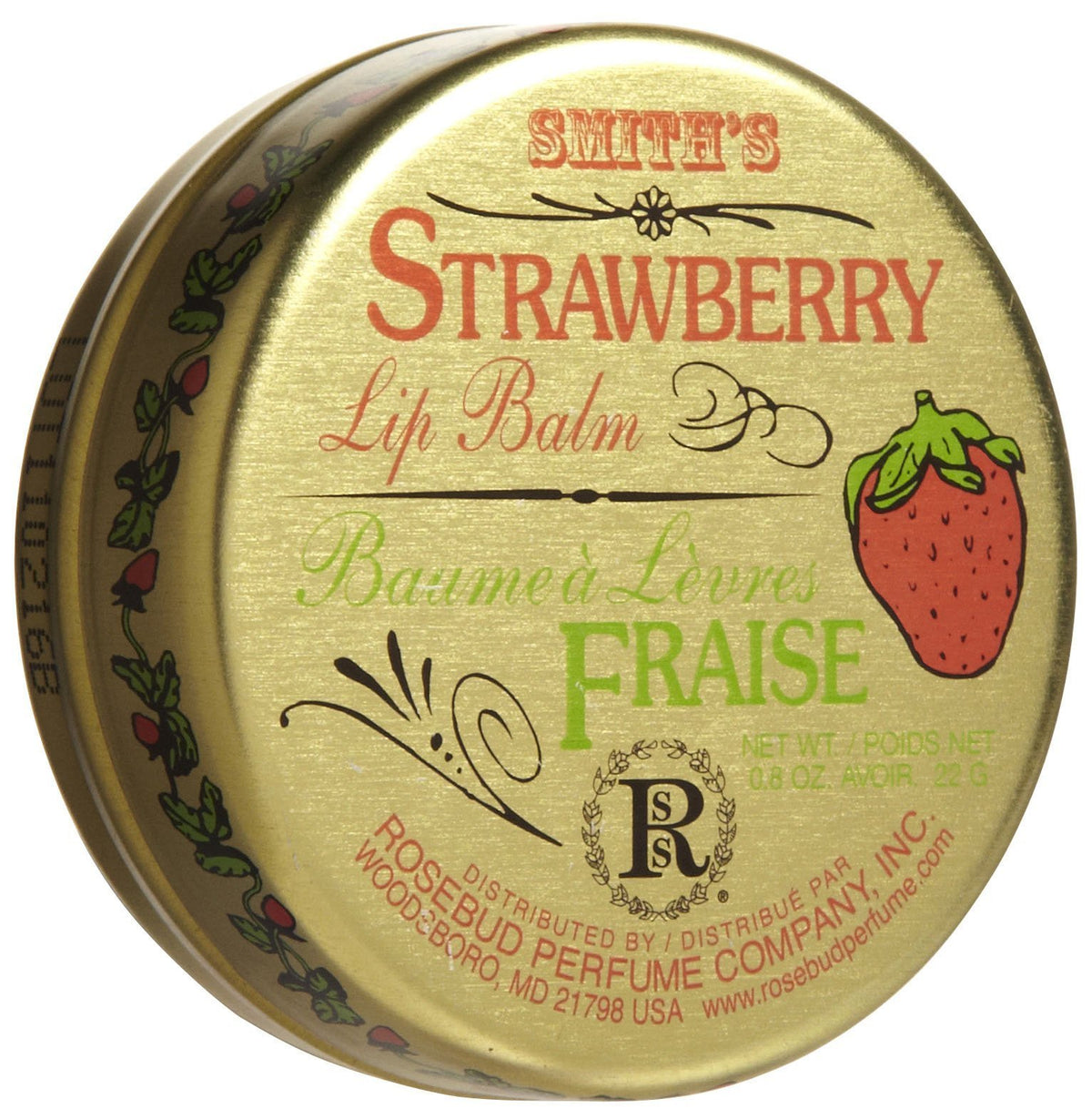 Rosebud Baume à lèvres fraise emballage — hydratation prolongée pour lèvres douces et protégées.
