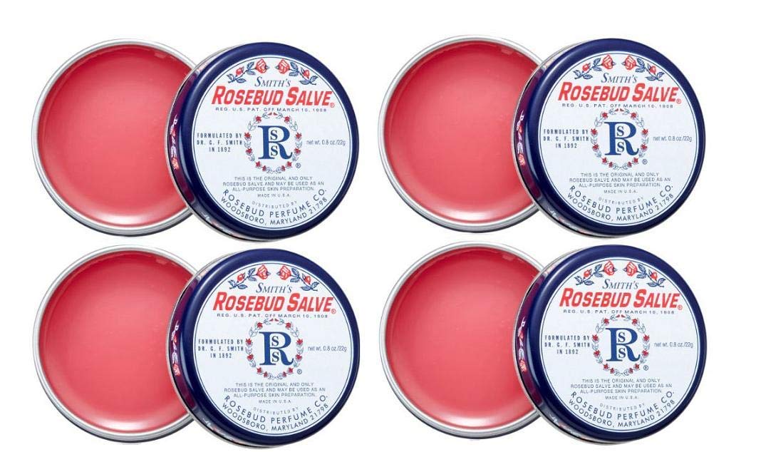 Rosebud Salve sur boîte, soin polyvalent pour lèvres sèches et irritations.