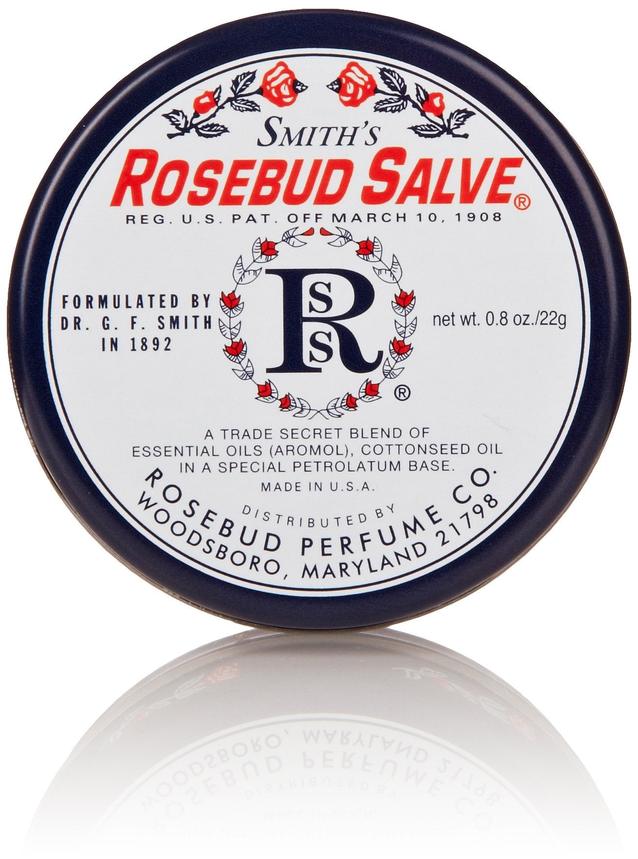 Rosebud Salve dans une boîte rétro, hydratation douce pour lèvres et peau
