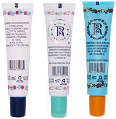 Trio Rosebud Salve : tubes individuels, hydratation ciblée pour lèvres sèches.