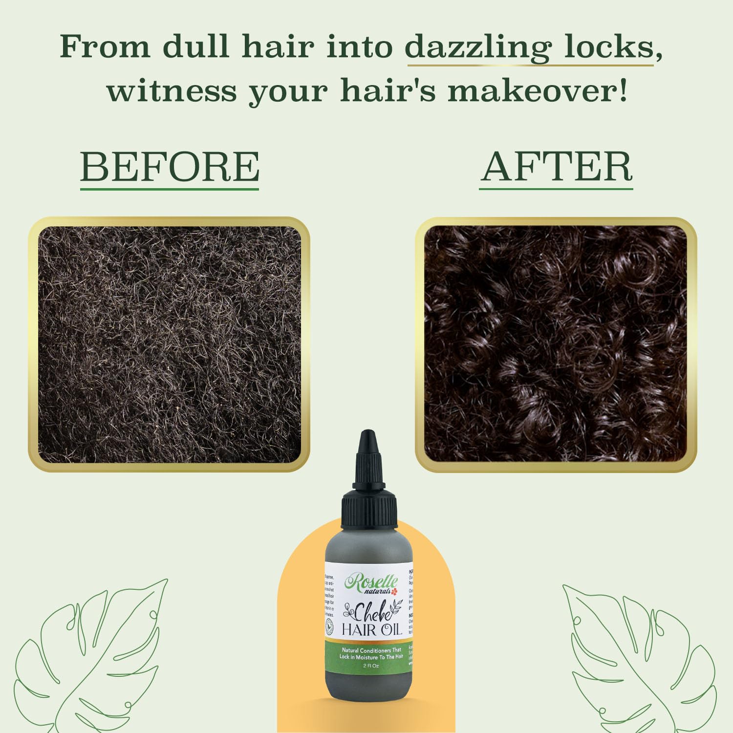 Roselle Naturals Chebe Oil – soin capillaire quotidien pour cheveux hydratés.