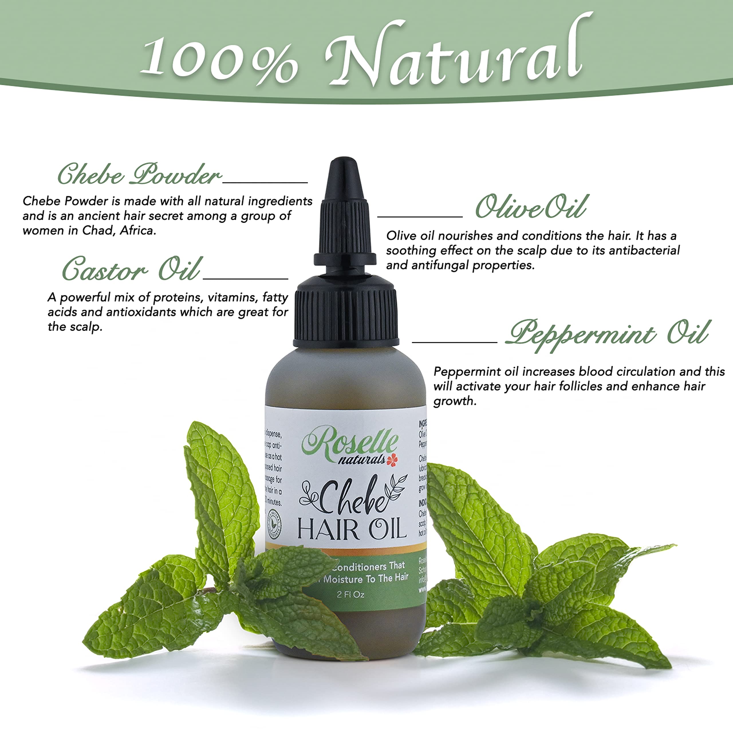 Roselle Naturals Chebe Oil – apaisement du cuir chevelu et fraîcheur.