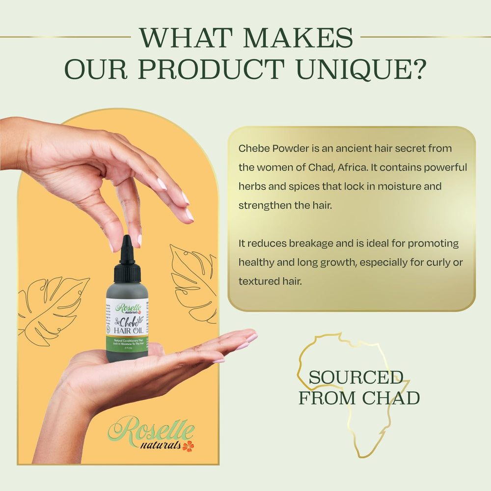 Roselle Naturals Chebe Oil – texture légère sans gras sur les longueurs.