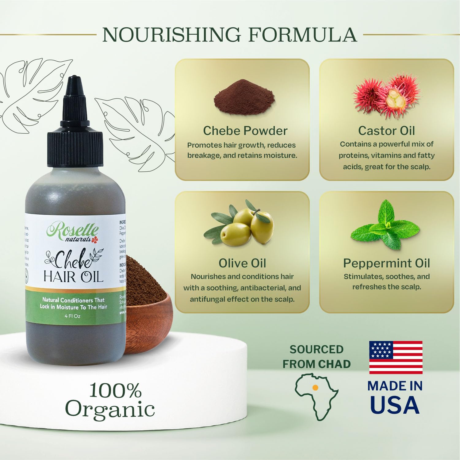 Roselle Naturals Chebe Oil texture close-up showing silky, frizz-control shine.