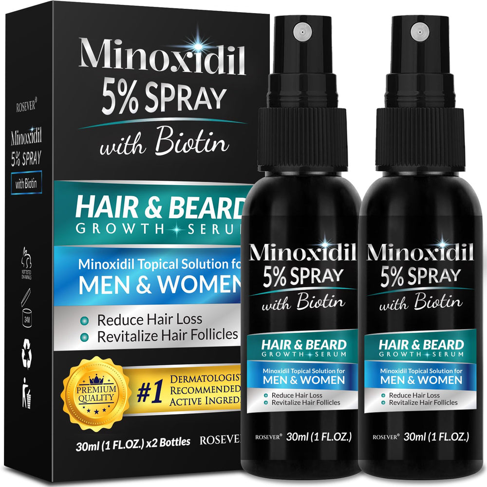 Rosever five-percent minoxidil spray bottle for daily scalp support.