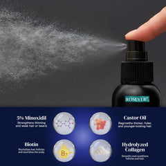 Rosever minoxidil spray applying to the scalp for targeted care.
