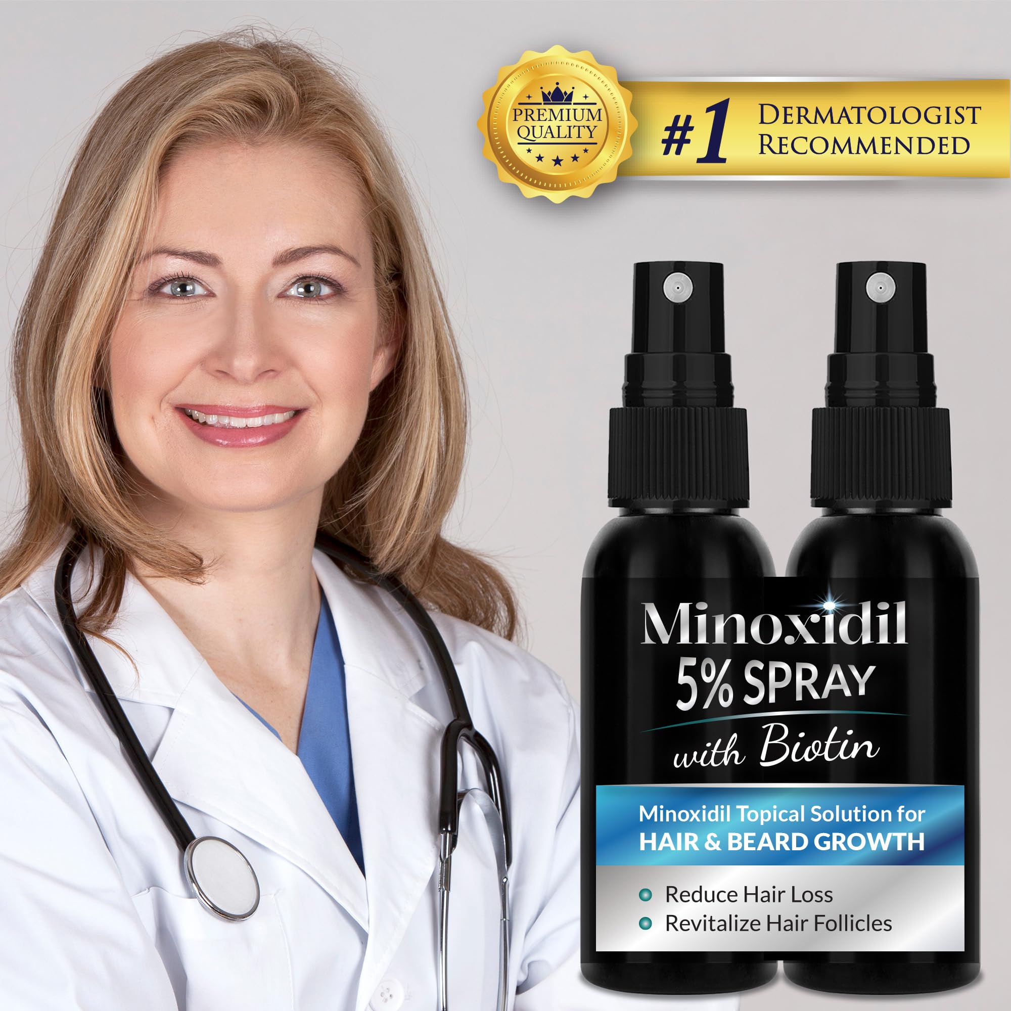 Rosever minoxidil spray close-up on the bottle for readability.