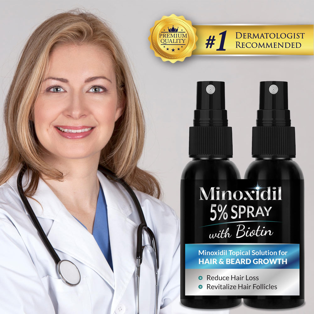 Rosever minoxidil spray close-up on the bottle for readability.
