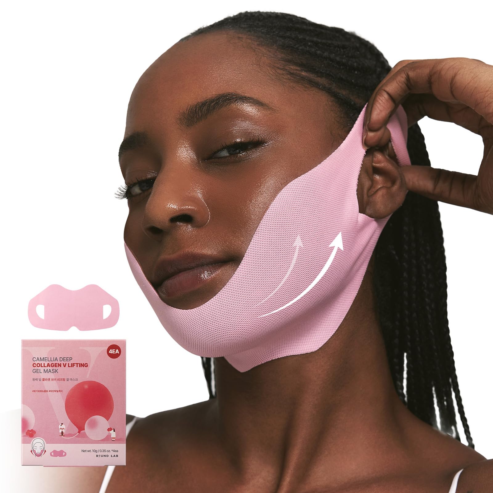 Round Lab Camellia Masque gel lifting menton pour contour plus net.