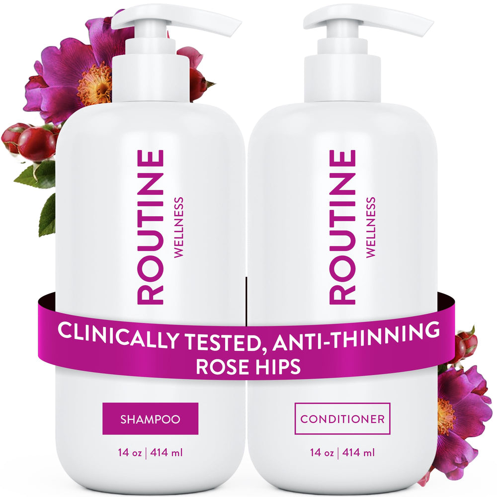 Routine Wellness shampoing flacon visible, cheveux plus volumineux et brillants.