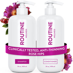 Routine Wellness shampoing flacon visible, cheveux plus volumineux et brillants.