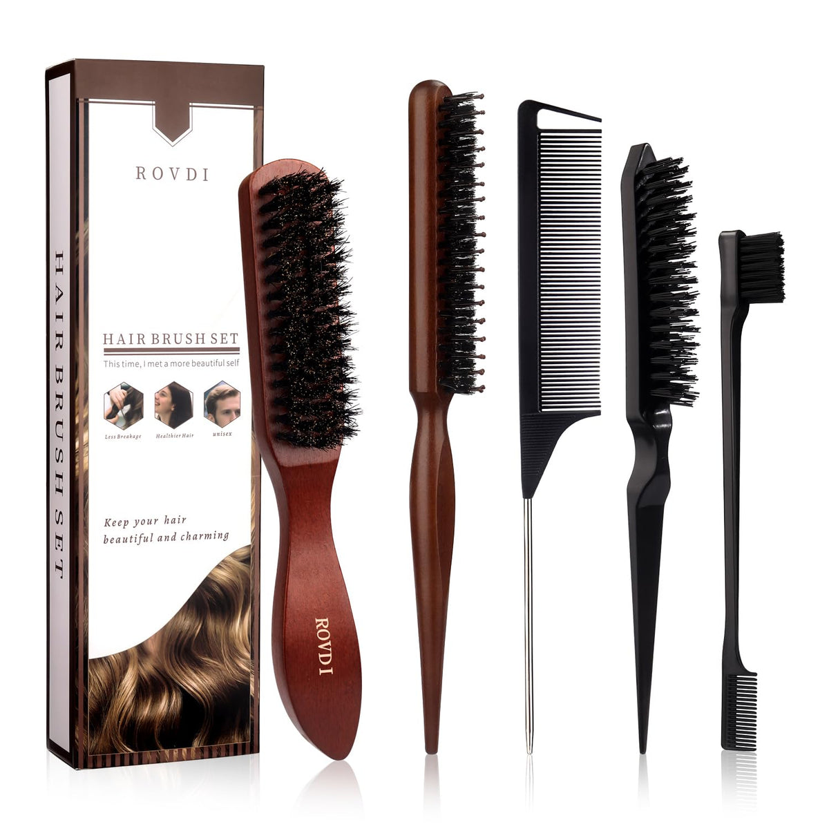 ROVDI coffret 5 pièces : brosse en bois à poils de sanglier pour un lissage naturel.