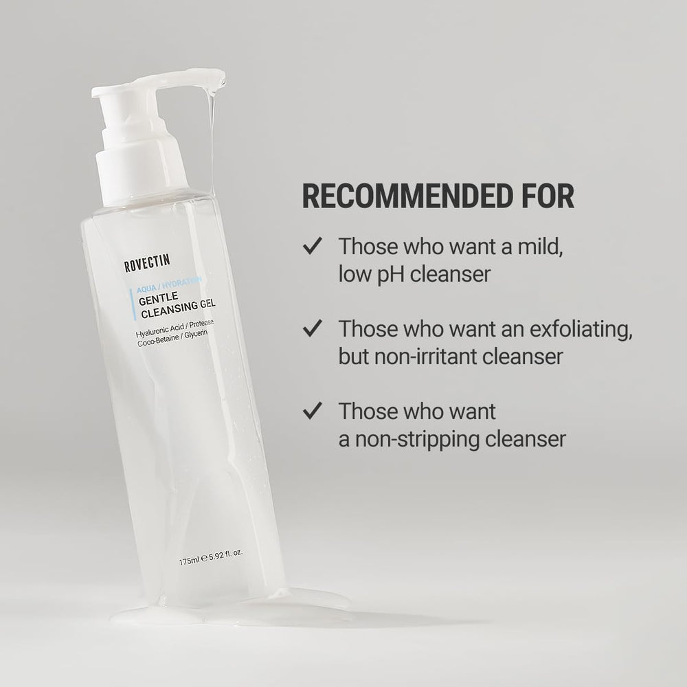 ROVECTIN Aqua Cleansing Gel, glycérine et tensioactifs doux pour l'hydratation et un pH stable.