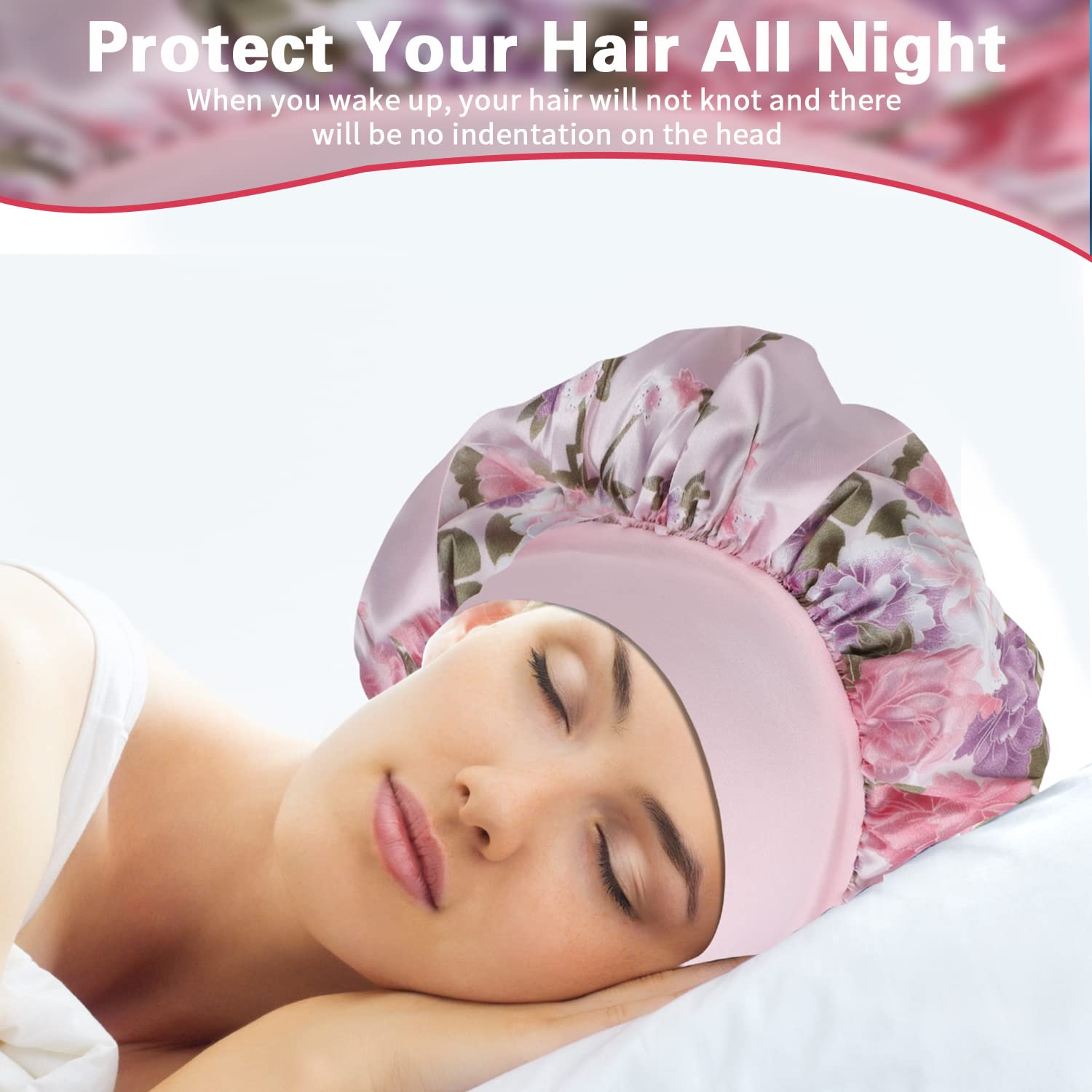 RoyBens bonnet satin dormir – adapté aux cheveux longs et bouclés, pratique pour diverses coiffures.