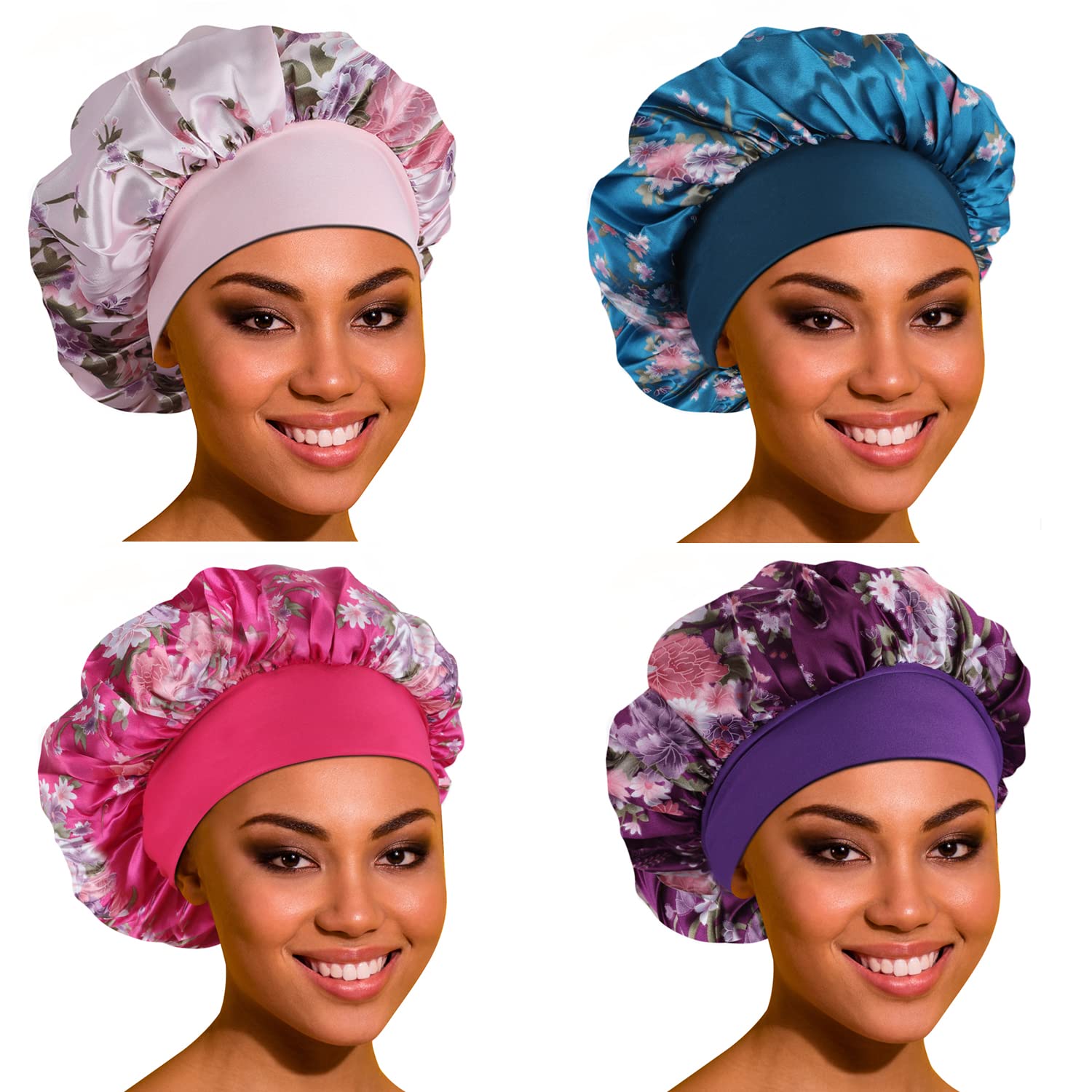 RoyBens bonnet satin dormir – vue avant, lot de 4 pour protéger les boucles nocturnes.